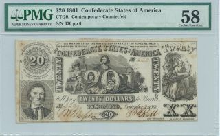 Csa 1861 Confederate Ct20 Contemporary Note Plate 6 First Series Low Serial 630 photo
