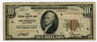 1929 $10 Federal Reserve Bank Note Scarce San Francisco Issue.  Fr 1860 L photo