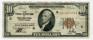 1929 $10 Federal Reserve Bank Note Philadelphia,  Vf With A Slight Tear photo