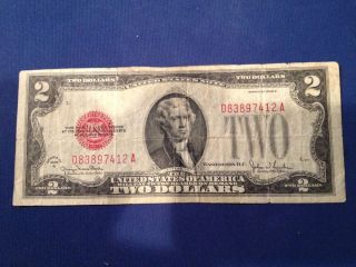 1928g Two Dollar ($2) Bill - Red Seal,  Well Circulated Dc Note - D83897412a photo
