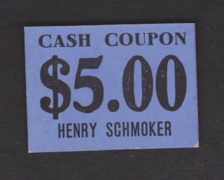 Vtg►1900 $5 Henry Schmoker Store Trade In Dollar Card Cash Coupon Blue Good For photo