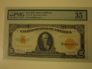 1922 $10 Gold Certificate Pmg Choice Very Fine 35 Epq Exceptional Paper Pq++ photo