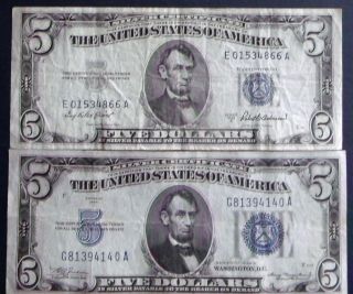 One 1953a $5 & One 1934a $5 Blue Seal Silver Certificate (g81394140a) photo