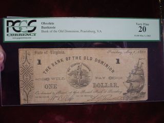 May 1,  1862 $1 Obn Bank Of Old Dominion,  Pearisburg,  Va.  Pcgs Very Fine 20 photo