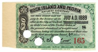 $30 Dollar Gold Coin Rock Island & Peoria Railway 1889 $1000 Bond Interest Note photo