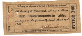 $1 Brunswick County Virginia Confederate Civil War Old Obsolete Va Paper Money photo