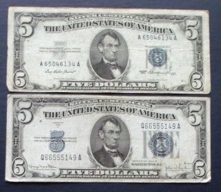One 1953 $5 & One 1934d $5 Blue Seal Silver Certificate (q66555149a) photo