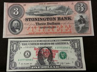 1850 - 1860s $3 Bill Stonington Bank Ct Obsolete Note Connecticut Unc Extra Margin photo