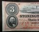 1850 - 1860s $3 Bill Stonington Bank Ct Obsolete Note Connecticut Unc Extra Margin Paper Money: US photo 1
