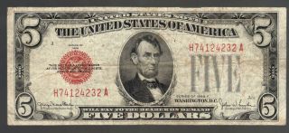 $5 Dollar 1928f Red Seal Old United States Legal Tender Note Us Bill Paper Money photo