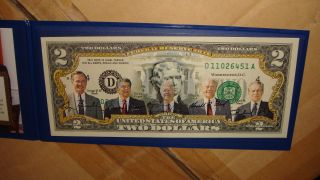 $2 Bill Legal Tender Color W/ President Bush Reagan Carter Ford & Nixon W/ photo
