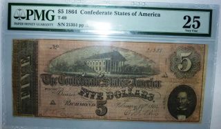 1864 $5 Confederate States Of America Note T - 64 (pmg 25) S/n 21351 Pp A photo