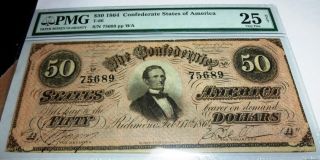 1864 $50 Confederate States Of America Note T - 66 (pmg 25) photo