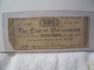 Confederate Obsolete City Of Portsmouth Virginia 50c Currency Note 1862 photo