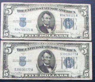 Two 1934d $5 Blue Seal Silver Certificates (s39036077a) photo