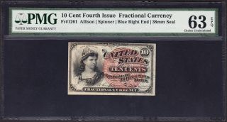 Us 10c Fractional Currency Note Fr1261 Pmg 63 Epq Ch Cu photo
