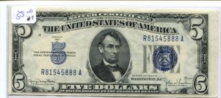 Series 1934 - D $5 Blue Seal Silver Cert Note Au/unc Fancy 81545888a - 7 photo