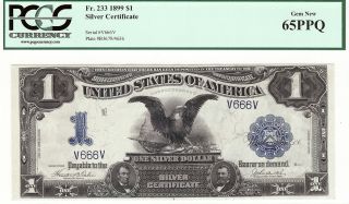Black Eagle “666” Pcgs - 65ppq Fr 233 1899 $1 Silver Certificate photo