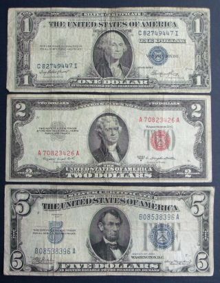 1935e $1 & 1934 $5 Silver Certificate + 1953b $2 United States Note (b08538396a) photo