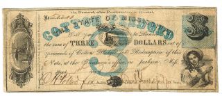 $3 1862 State Of Mississippi Note Cotton Pledged More Currency 4 Pn photo