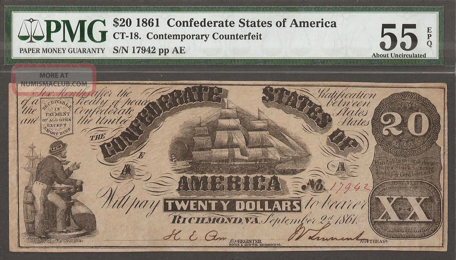 1861 Civil War $20 Dollar Csa 
