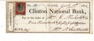 Clinton National Bank,  Clinton,  Connecticut.  1874 W/ Revenue Stamp photo