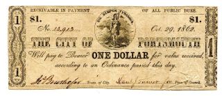 1862 $1 One Dollar City Of Portsmouth Virginia Obsolete Note - Clear Details photo