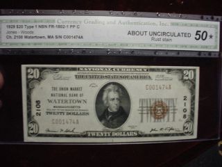 1929 $20 Frbn,  Union Marketbank Watertown,  Ma.  Ch 2108 T - 1 Cga About Unc 50 photo