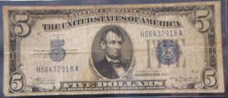 1934 A $5 Silver Certificate Blue Seal Vf++ photo