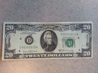 1969b $20 Twenty Dollar Bill Note D93352613a - Shape photo
