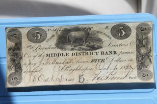 Middle District Bank $5 Obsolete Currency York Oct 1,  1827 Vf Sheep photo