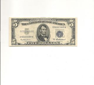 1953a Five Dollar United States Silver Certificate Fancy Sn D92223309a Gem Unc photo