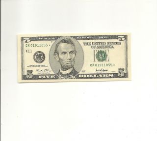 Rare 2001 $5 Star Frn Dallas K Note Ck01911055 Cu Unc photo