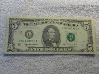 1995 Five Dollars Federal Reserve Note Green Seal photo