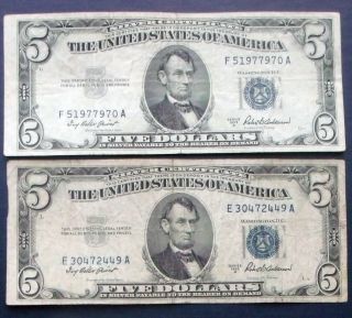 Two 1953a $5 Blue Seal Silver Certificates (e30472449a) photo