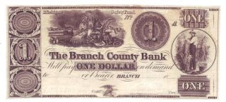 The Branch County Bank $1 - 1837 Branch,  Mi Rare Early Bank Note photo