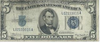 $5 Silver Certificate 1934a L - A Block Fine Blue Seal 637 - Mule 015a photo