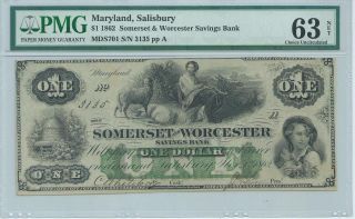 Maryland Salisbury Somerset Worcester Bank Note $1 1862 Pmg63 S701 3135 photo