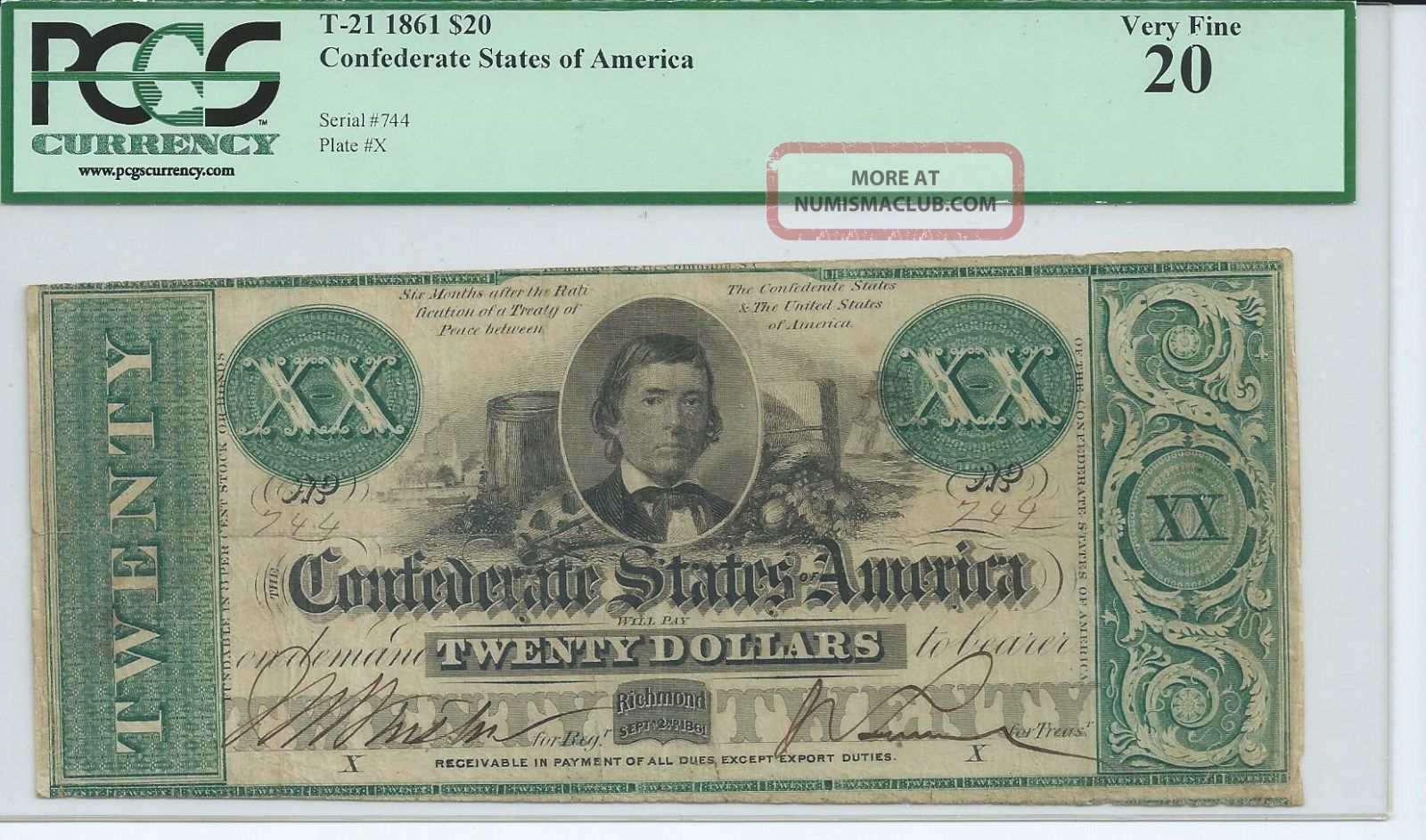 Confederate 150 Years Old Csa Currency T21 $20 Bank Note Not Cut Cancelled 744 Paper Money: US photo