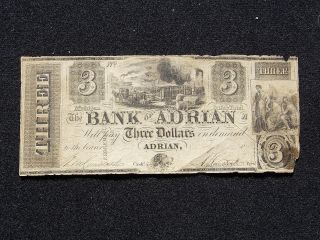 Adrian Michigan,  The Bank Of Adrian $3 Fine Net Rare Obsolete Note photo