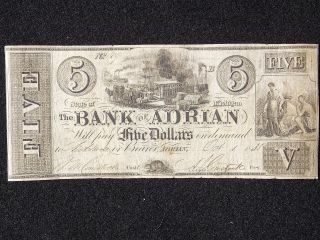 Adrian Michigan,  The Bank Of Adrian $5 Great Very Fine + Obsolete Note photo