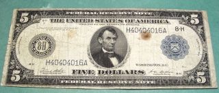 5 Dollar Federal Reserve Note Series Of 1914 A13 photo