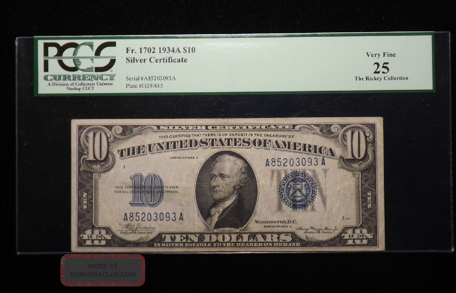 1934 A $10 Ten Dollar Silver Certificate Certified Pcgs Vf 25