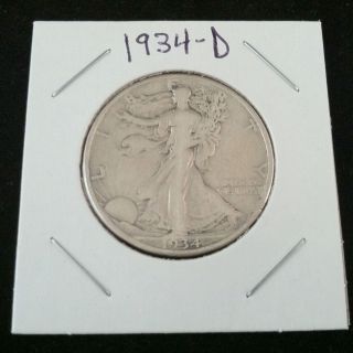 1934 D Walking Liberty 90% Silver Half Dollar.  900 Fine Silver Usa photo