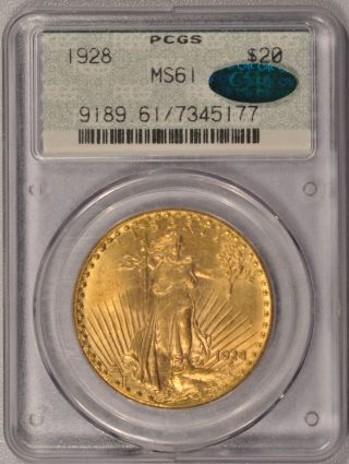 1928 Saint Gaudens Gold Double Eagle $20 Pcgs Ms - 61 Cac photo