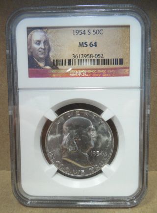 1954 - S Benjamin Franklin Half Dollar Ngc Rated Ms64 photo
