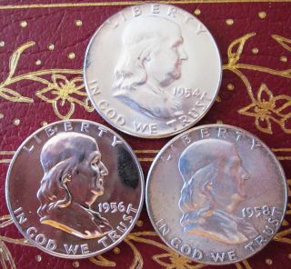 Franklin Half Dollars: ' 54,   56,  ' 58.  The 1956 Coin Is Proof photo