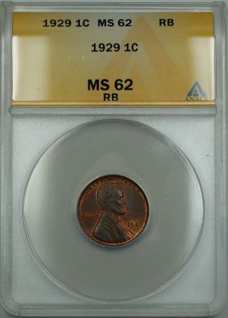 1929 Lincoln Wheat Cent 1c Coin Anacs Ms - 62 Rb Red - Brown Etr photo