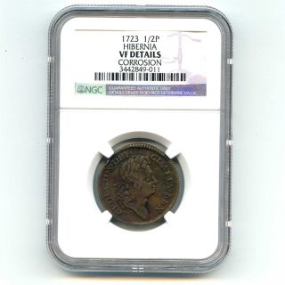 1723 Ngc Vf Details 1/2p Half Penny Hibernia Colonial Coinage Corrosion photo