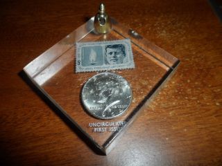 1964 - P Kennedy Half Dollar 90% Silver First Year Issue & Stamp photo